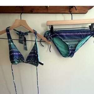 Black Poppy Triangle Top String Bikini Blue and Purple Pattern Size Med/…